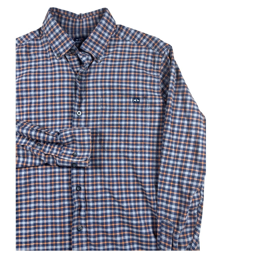 Fish Hippie Mens Medium Blue Orange Plaid Long Sleeve Button Down Shirt Stretch
